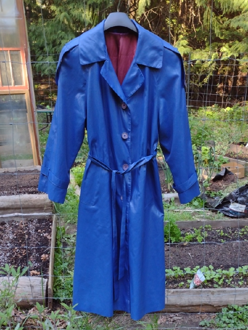 Vintage Blue Satin Women's Trench Coat - Classic Long Belted Jacket
